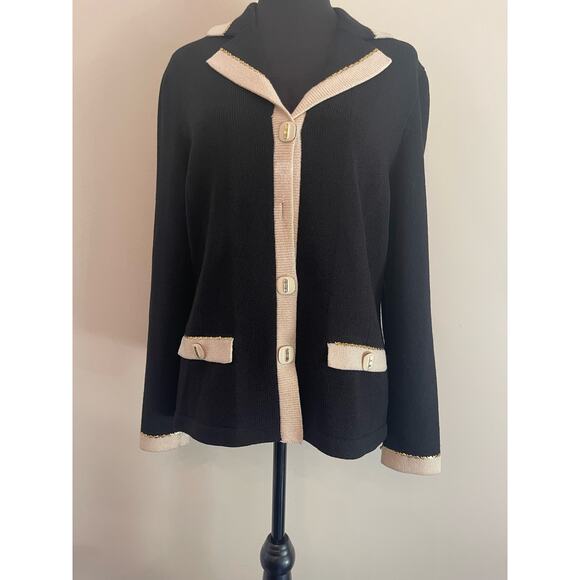 J.S.S knit wear jacket blazer small black cream wool blend button up classic - Picture 1 of 12